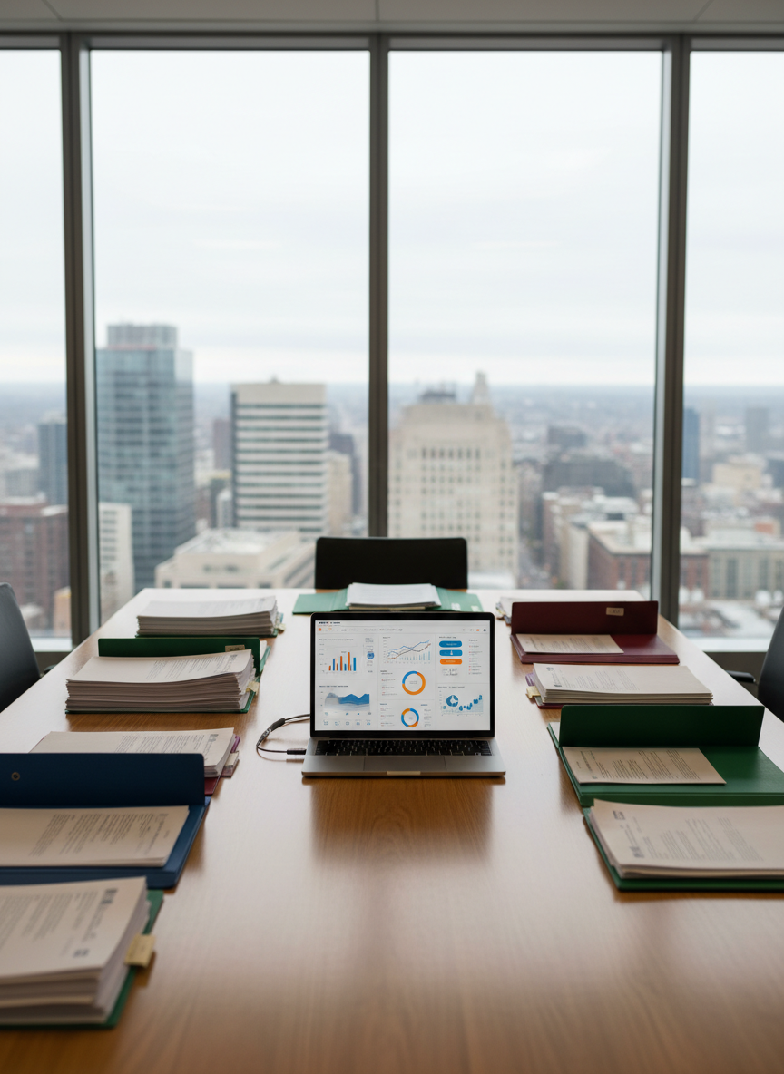A large, polished oak conference table covered with neatly arranged policy documents, color-coded briefing folders, and a slim silver laptop displaying a complex data dashboard. Behind the table, a panoramic cityscape of government and office buildings is visible through floor-to-ceiling windows. Soft overcast daylight diffuses through the glass, creating even, shadow-free illumination that highlights the clean lines of the workspace. The atmosphere feels serious yet optimistic, suggesting methodical problem-solving. Photographed at eye level with a moderate depth of field so the table is crisp while the city softens into a gentle blur, reinforcing a professional, realistic, news-oriented aesthetic focused on practical solutions rather than drama.