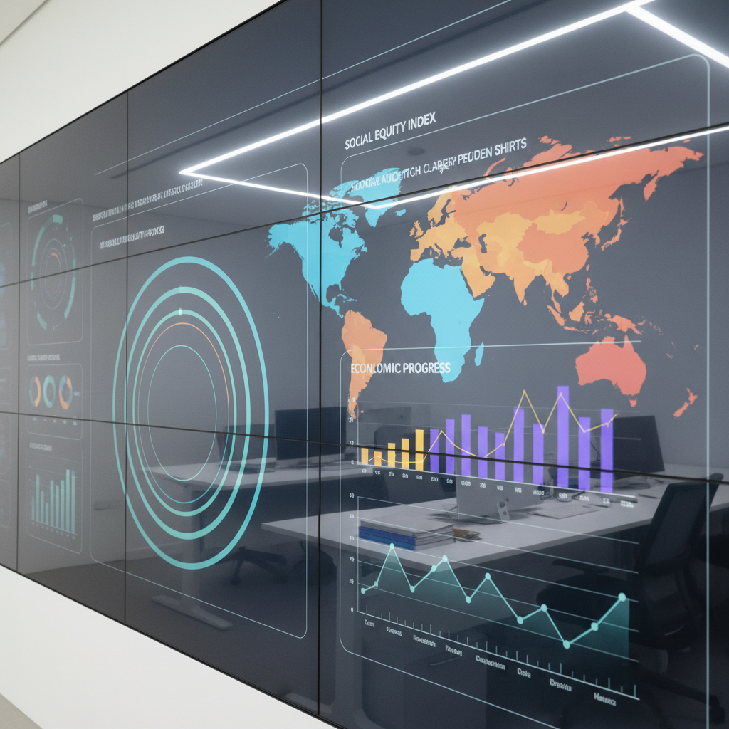 A high-resolution close-up of a large digital wall display in a modern policy research center, showing layered, multicolored maps, graphs, and charts about social and economic indicators. The screen’s glossy surface reflects subtle hints of the surrounding minimalist office: matte white walls, muted gray desks, and a few tidy stacks of reports. Cool, balanced LED ceiling lights create clear, neutral lighting, eliminating harsh shadows and emphasizing legible detail. Shot from a three-quarter angle, the composition uses the rule of thirds, with the main chart in sharp focus and the edges fading slightly soft. The mood is analytical and focused, conveying evidence-based policy work in a photographic, professional news style.